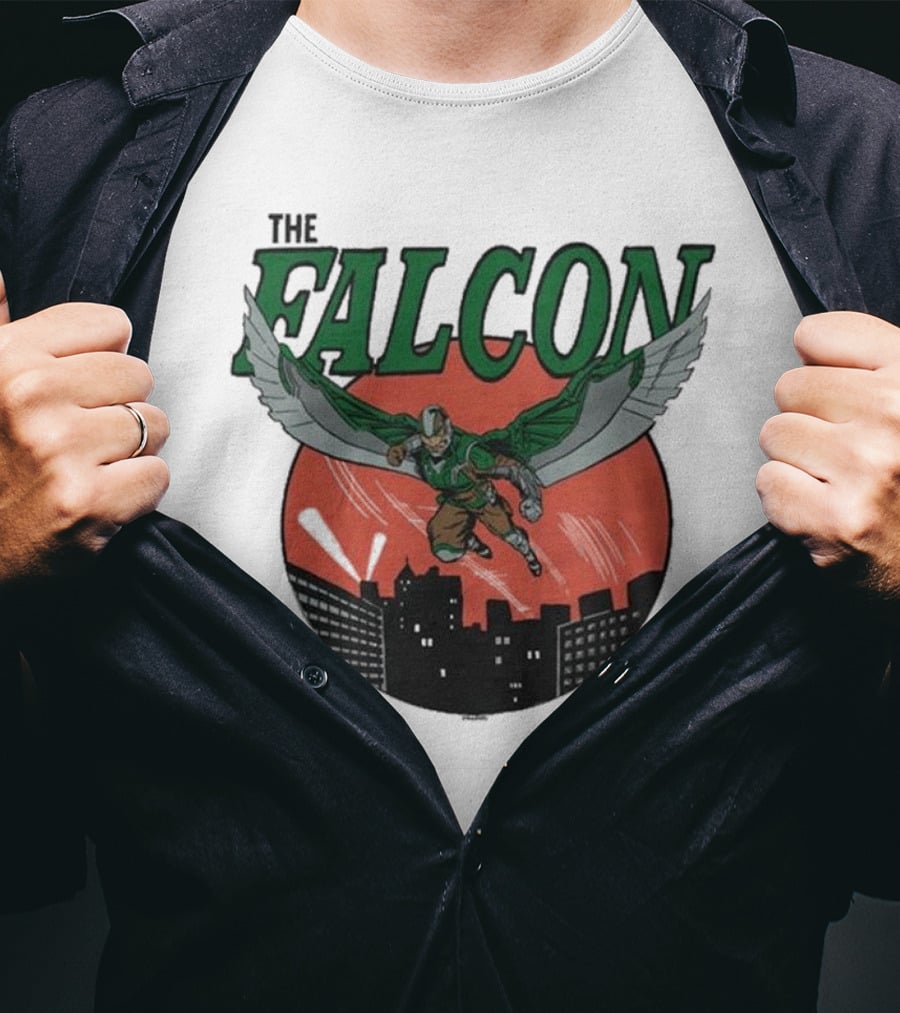 The Falcon Soaring Over City Skyline In Action-Packed Comic T-Shirt