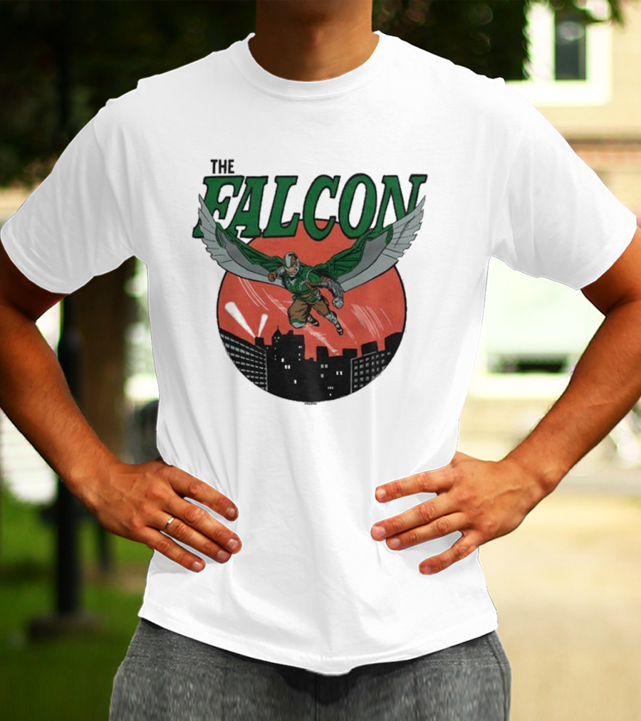The Falcon Soaring Over City Skyline In Action-Packed Comic T-Shirt