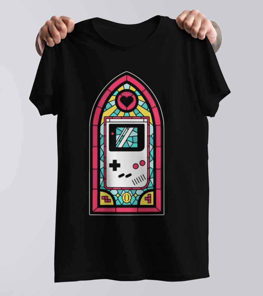 Game Boy 8-Bit Stained Glass Heart Coin Pixel Art Window T-Shirt