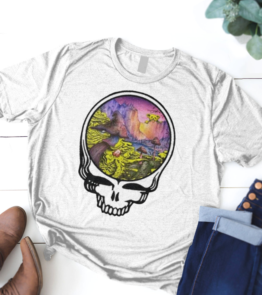 Grateful Dead Skull With Psychedelic Landscape And Mushrooms T-Shirt