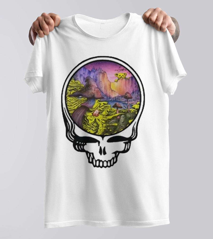 Grateful Dead Skull With Psychedelic Landscape And Mushrooms T-Shirt