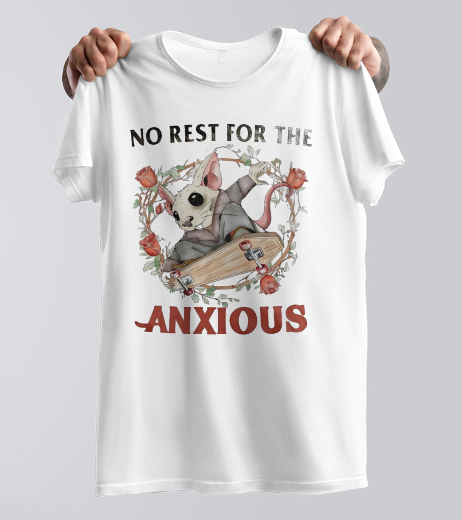 No Rest For The Anxious Rat In A Suit With Roses And Skateboard Coffin T-Shirt