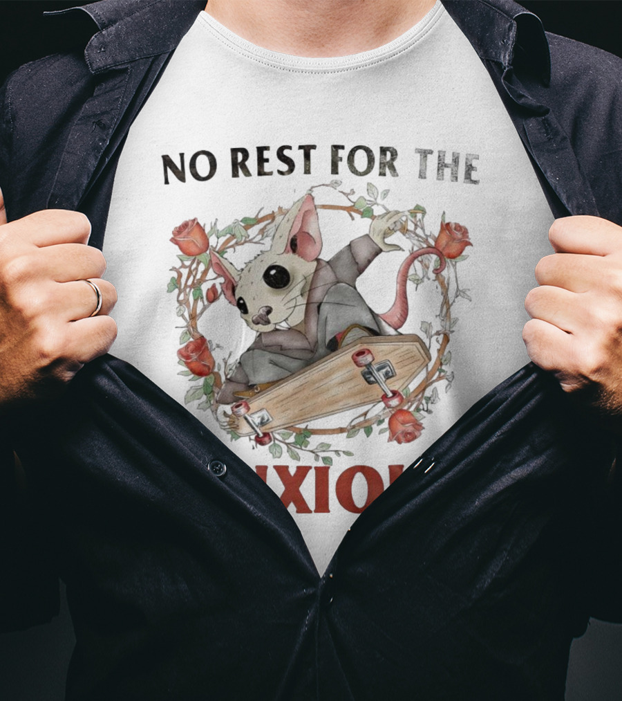 No Rest For The Anxious Rat In A Suit With Roses And Skateboard Coffin T-Shirt