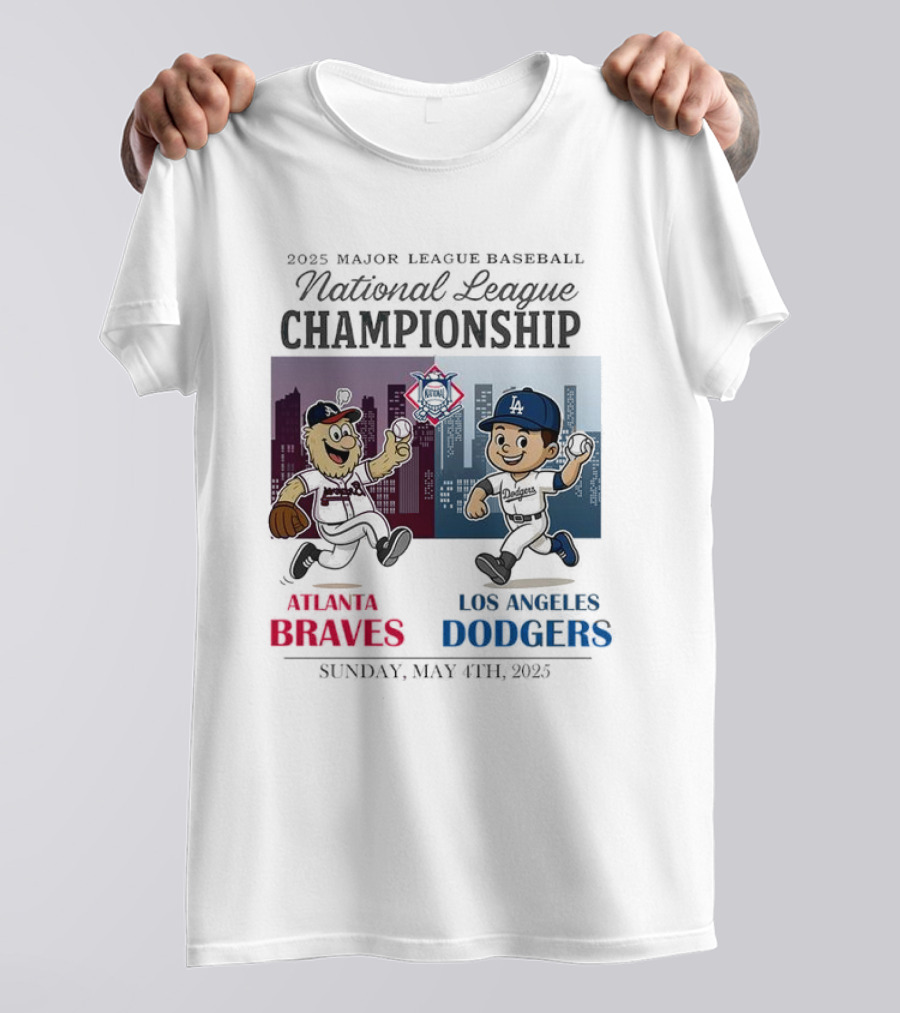 Atlanta Braves Los Angeles Dodgers National League 2025 Major League Baseball Skyline Cartoon Characters T-Shirt