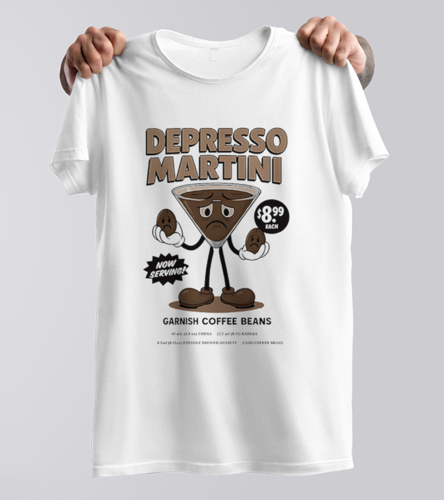 Depresso Martini Garnish Coffee Beans Cartoon Sad Face T-Shirt