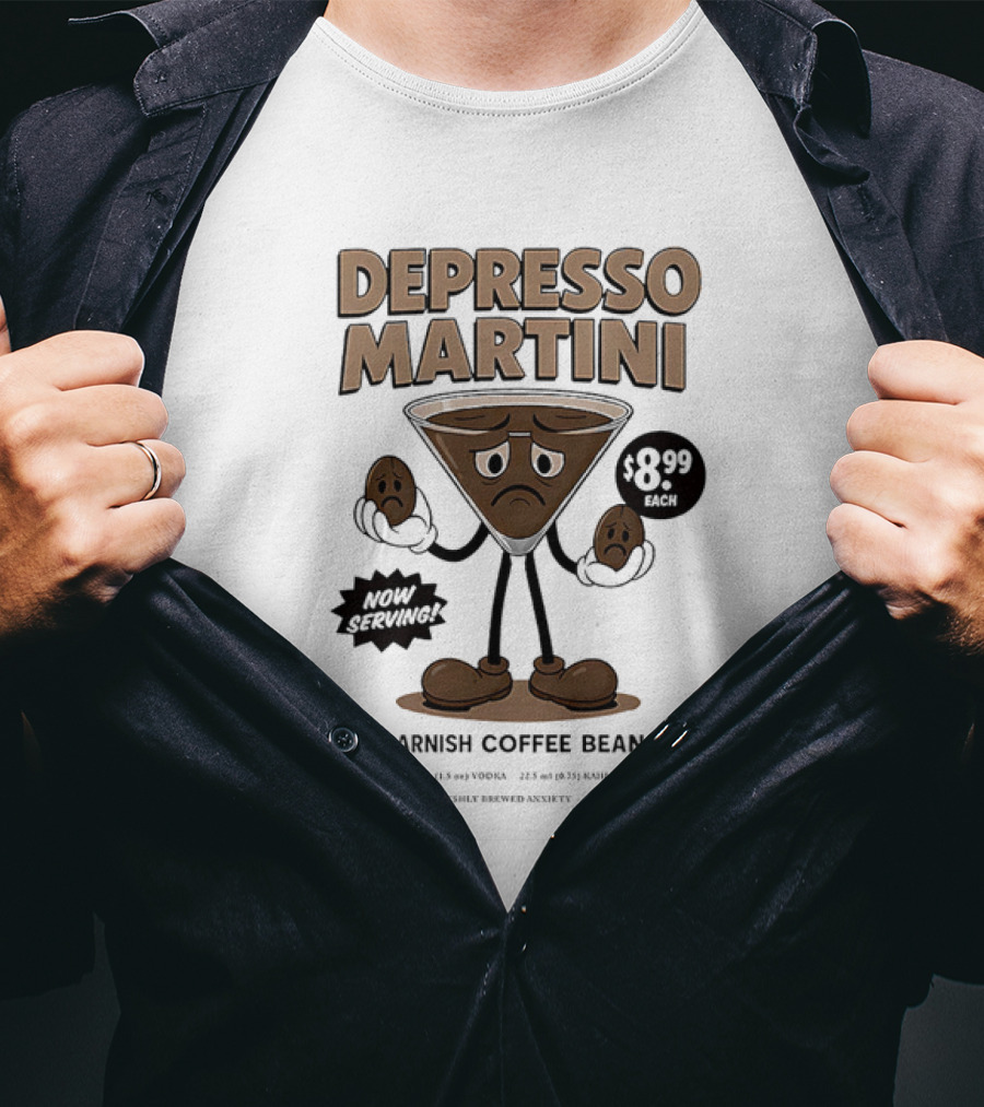 Depresso Martini Garnish Coffee Beans Cartoon Sad Face T-Shirt