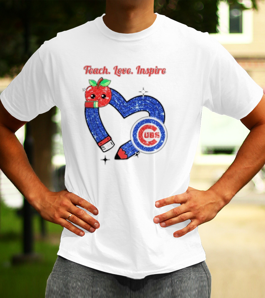 Chicago Cubs Teach Love Inspire Apple Pencil Heart T-Shirt