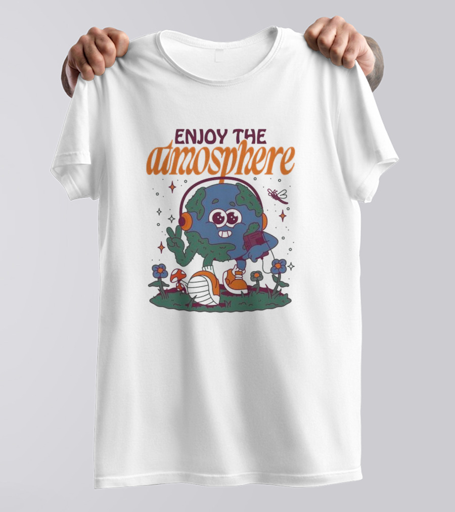 Enjoy The Atmosphere Planet Earth Headphones Peace Flowers T-Shirt