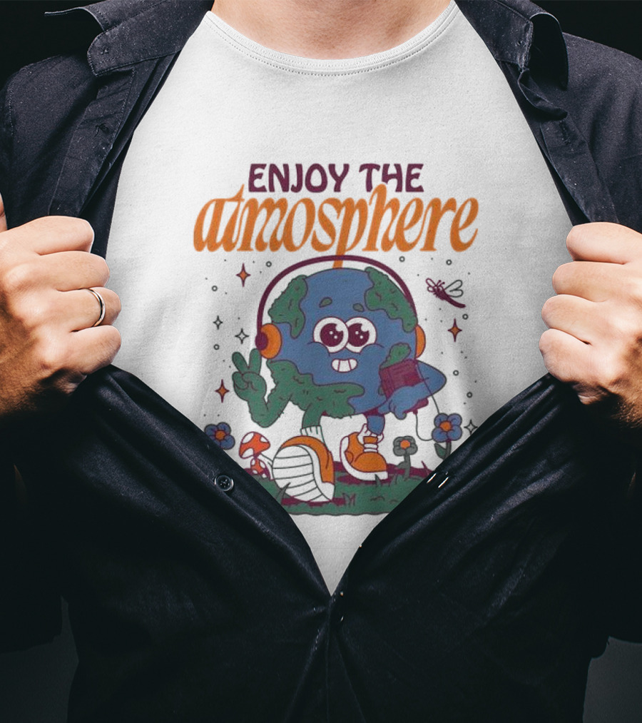 Enjoy The Atmosphere Planet Earth Headphones Peace Flowers T-Shirt