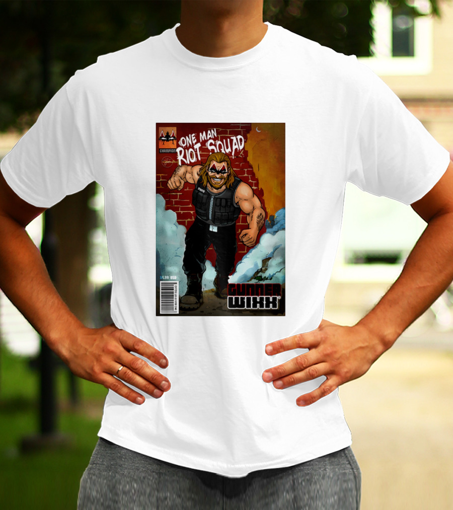 One Man Riot Squad Comic Cover Gunner Wixx Face Paint Featuring Champion Branding T-Shirt
