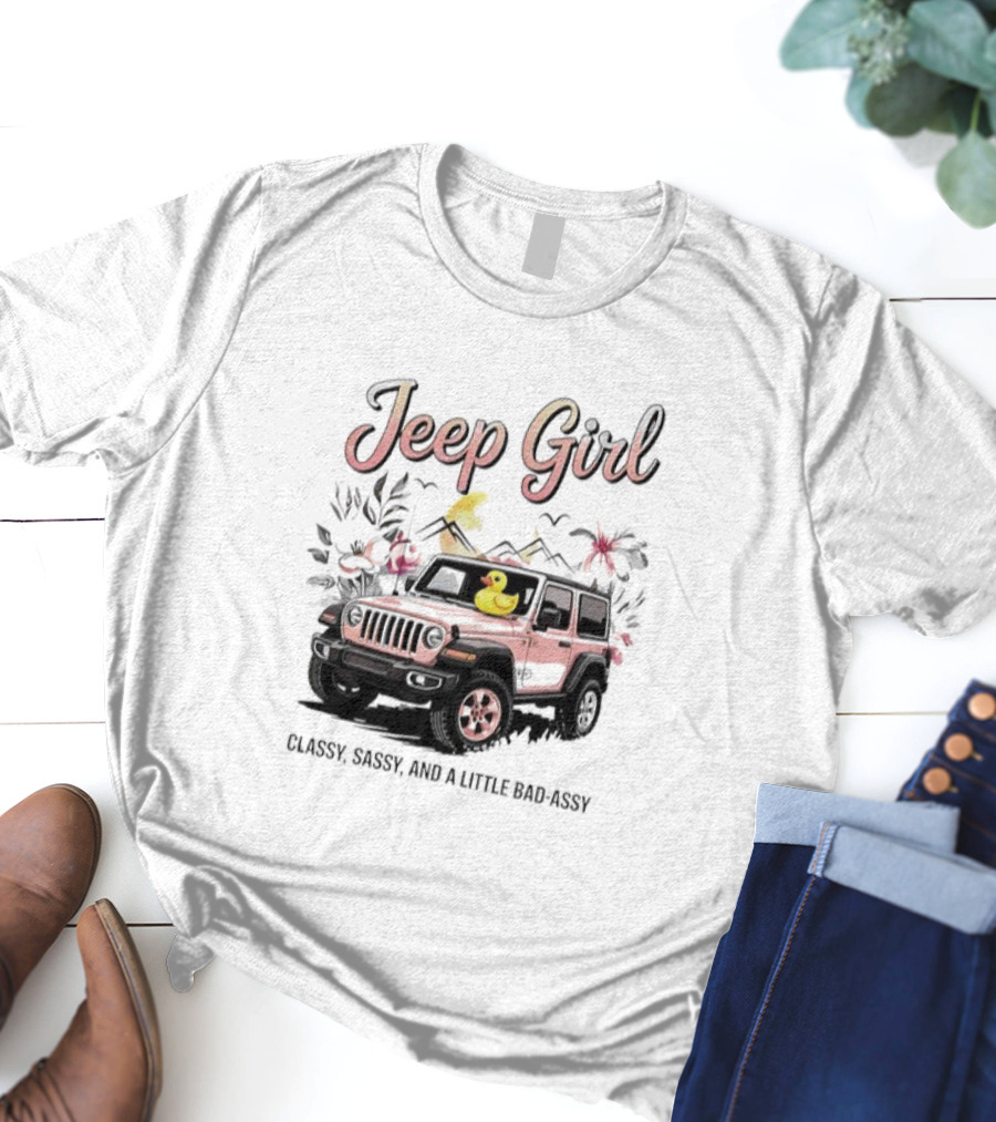 Jeep Girl Classy Sassy And Little Bad-Assy Pink Jeep Rubber Duck Floral Bunnies T-Shirt