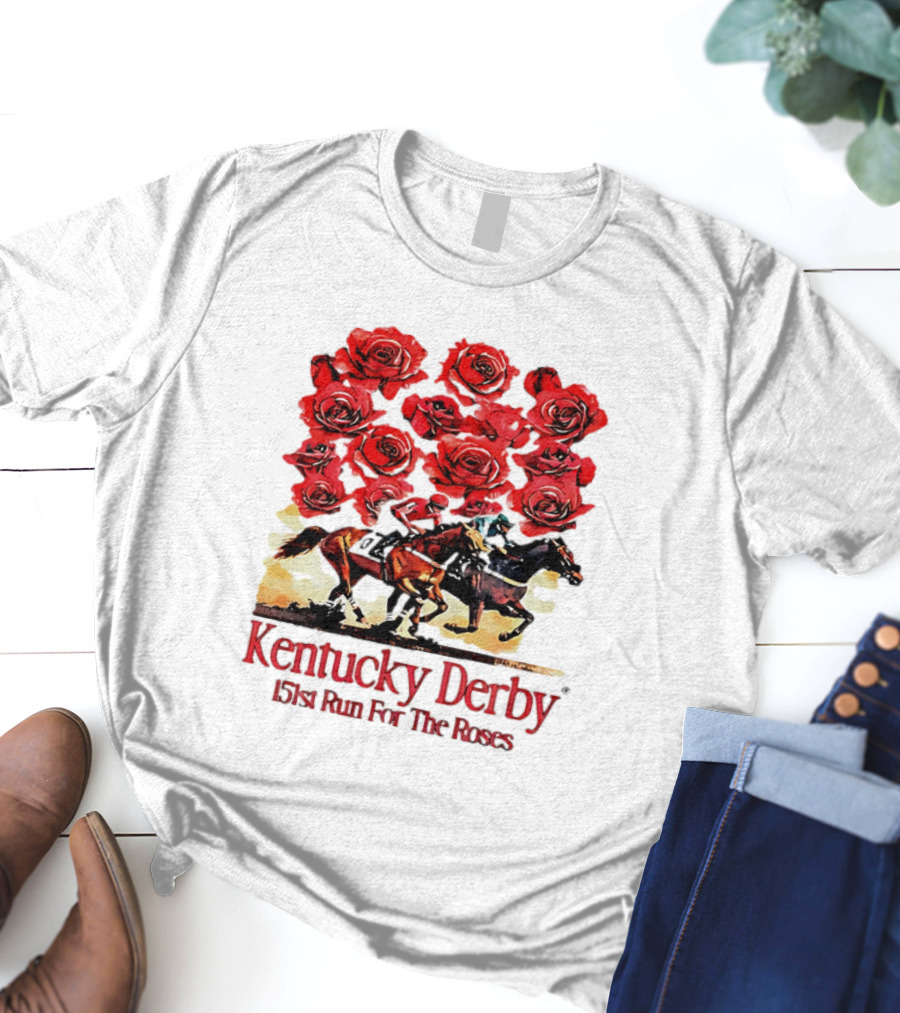 Kentucky Derby 151st Run For The Roses With Horses And Red Roses T-Shirt