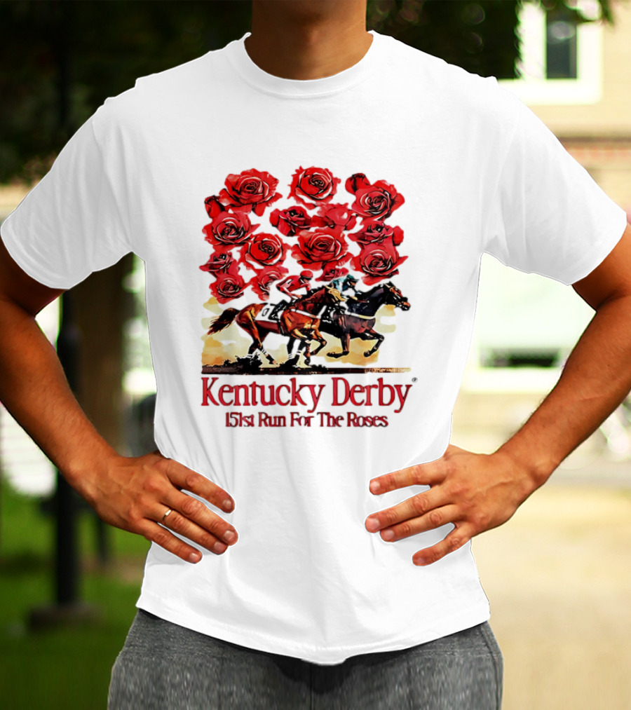 Kentucky Derby 151st Run For The Roses With Horses And Red Roses T-Shirt