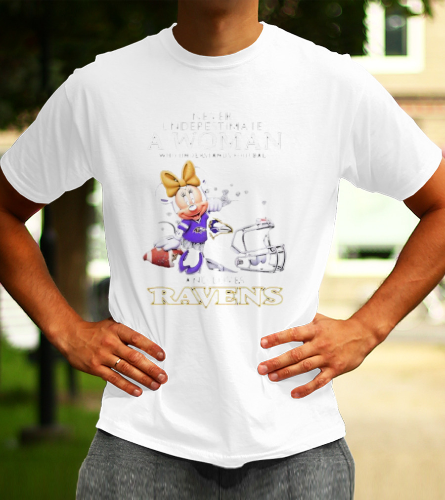 Never Underestimate A Woman Who Understands Football And Loves Ravens Disney Minnie T-Shirt