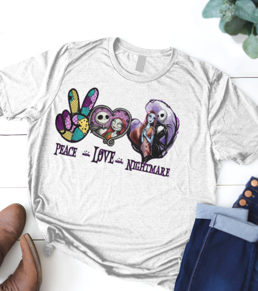 Peace Love Nightmare Before Christmas Characters Jack And Sally T-Shirt