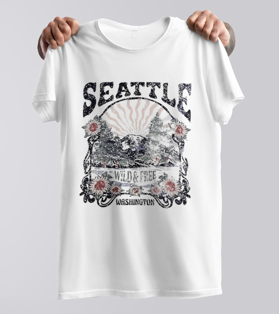 Seattle Washington Wild And Free Sunrise Trees Flowers T-Shirt