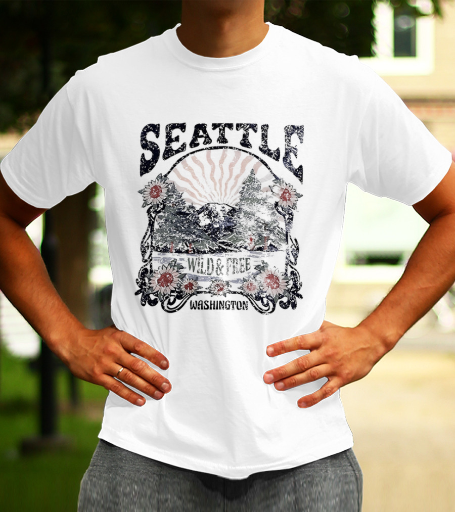 Seattle Washington Wild And Free Sunrise Trees Flowers T-Shirt