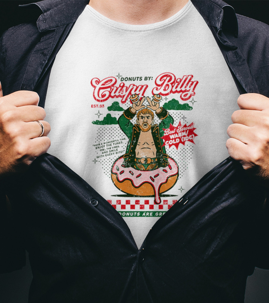 Donuts By Crispy Billy Est. 93 Warm And Delicious Retro Cartoon Wrestler T-Shirt