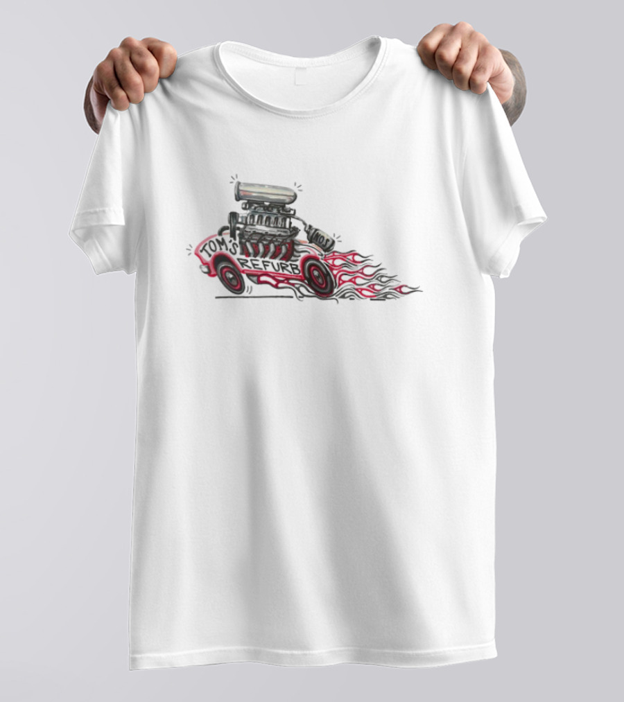 Tom’s Refurb Hot Rod Car Illustration Flames And Engine Art T-Shirt