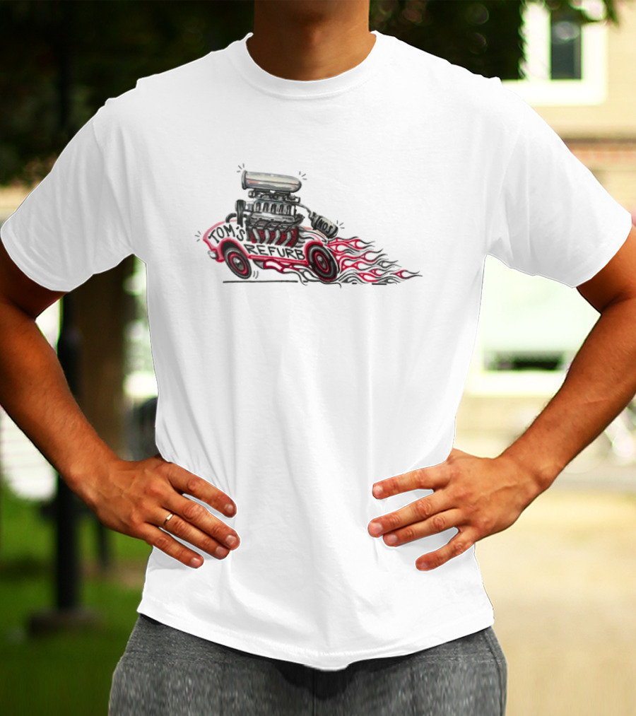 Tom’s Refurb Hot Rod Car Illustration Flames And Engine Art T-Shirt