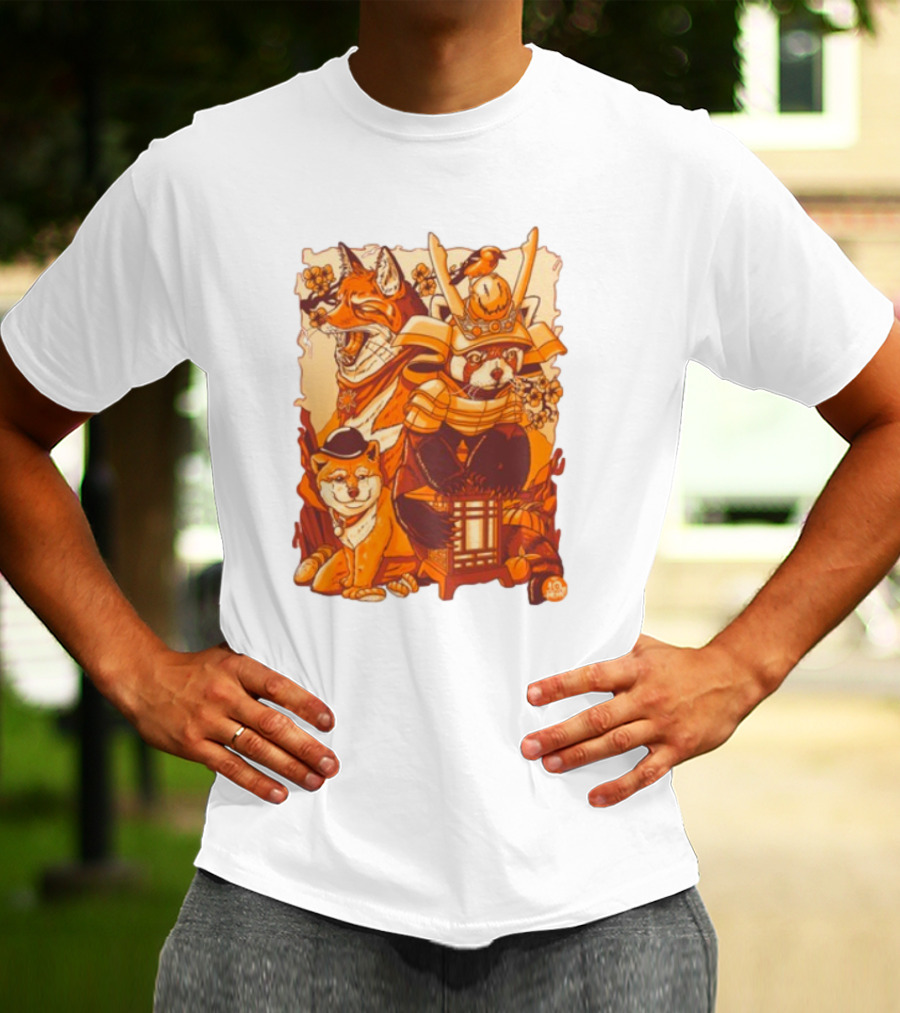 Tenhun Orange Fuzz Fox And Samurai Red Panda With Lantern T-Shirt
