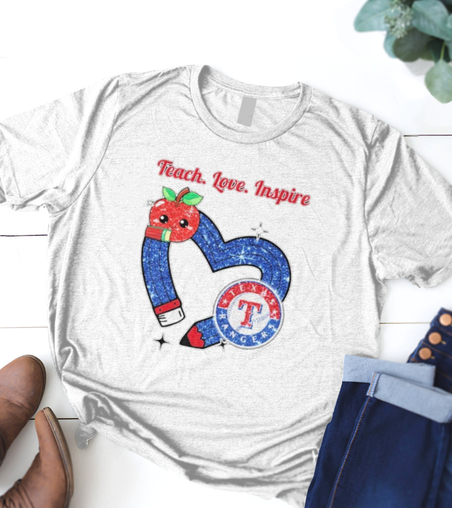 Texas Rangers Sparkling Heart Apple Pencil Teach Love Inspire T-Shirt