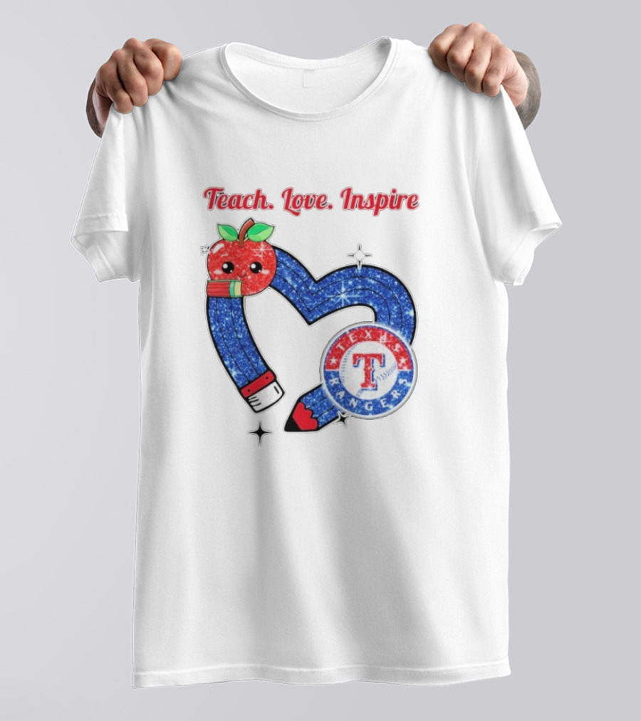 Texas Rangers Sparkling Heart Apple Pencil Teach Love Inspire T-Shirt