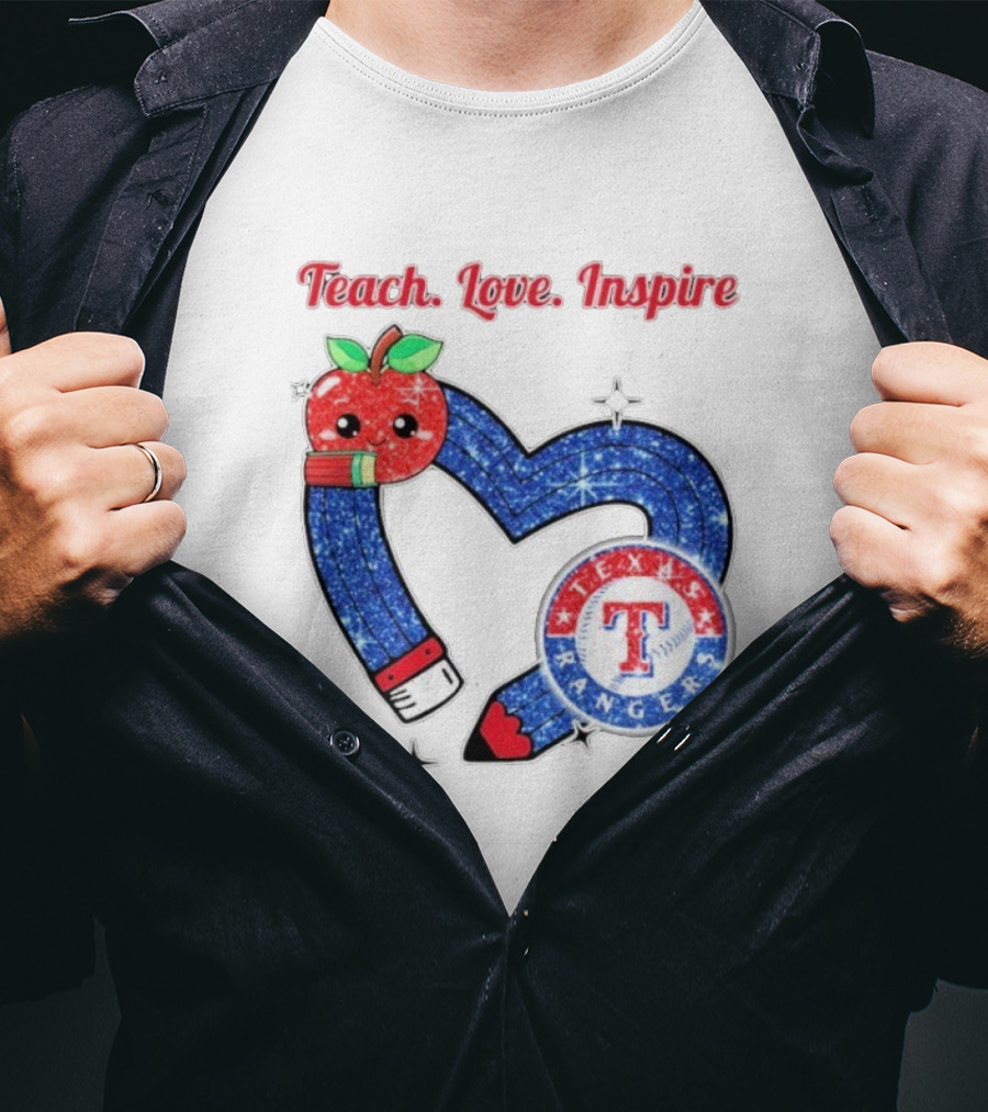 Texas Rangers Sparkling Heart Apple Pencil Teach Love Inspire T-Shirt