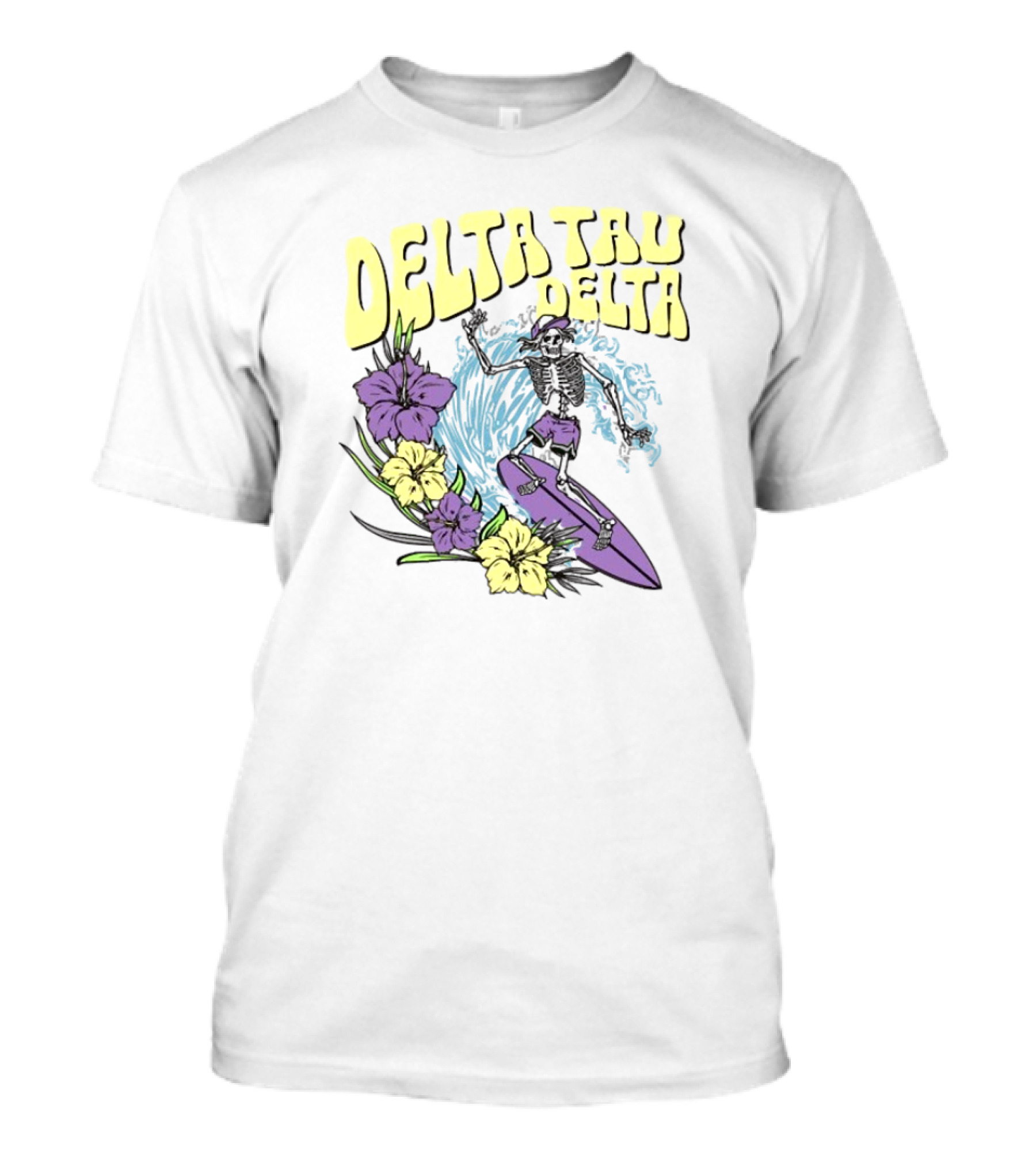 Delta Tau Delta Ride The Wave Skeleton Surfing With Floral Accents T-Shirt