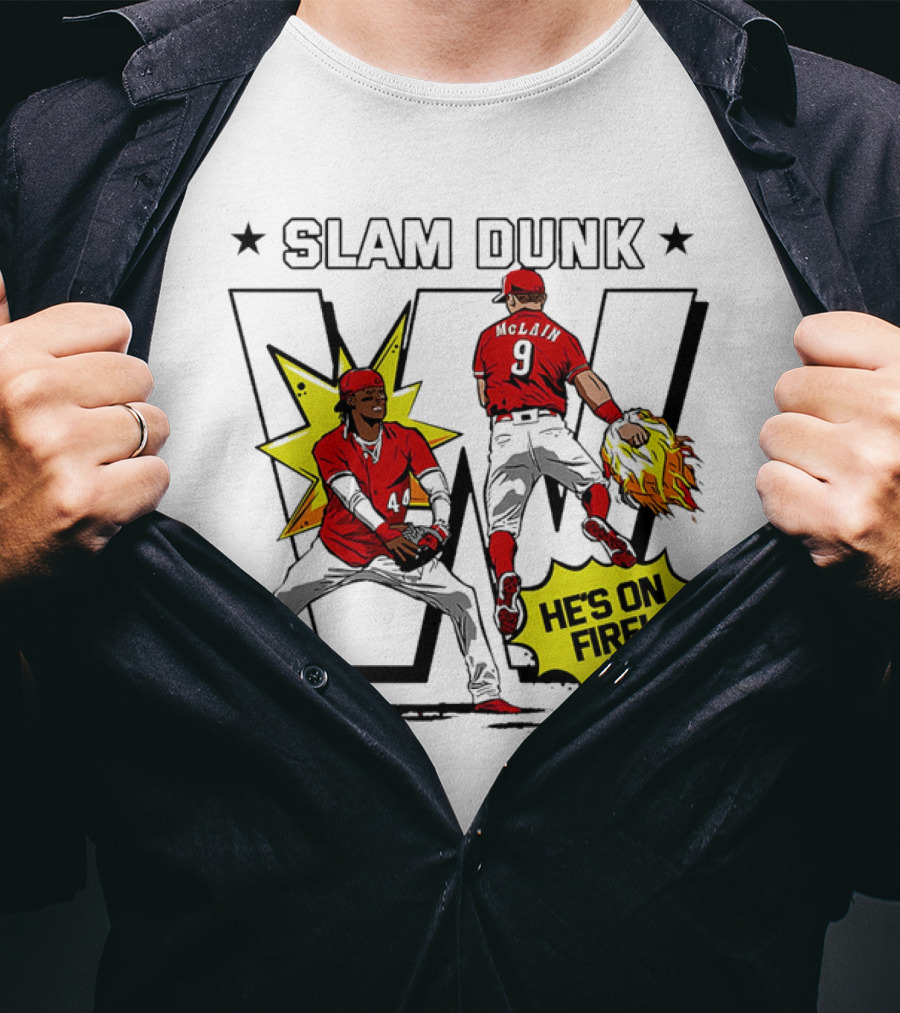 Slam Dunk Cincinnati Reds Elly De La Cruz And Matt McLain He’s On Fire T-Shirt