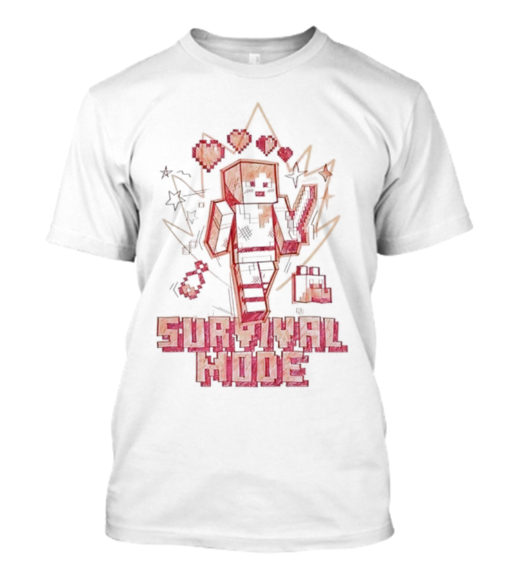 Survival Mode Game Pixel Art Character With Hearts And Tools T-Shirt
