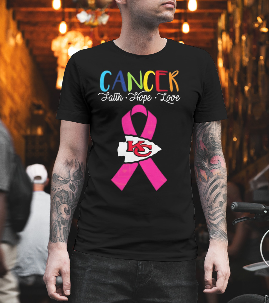 Kansas City Chiefs Pink Ribbon Cancer Faith Hope Love 2025 T-Shirt