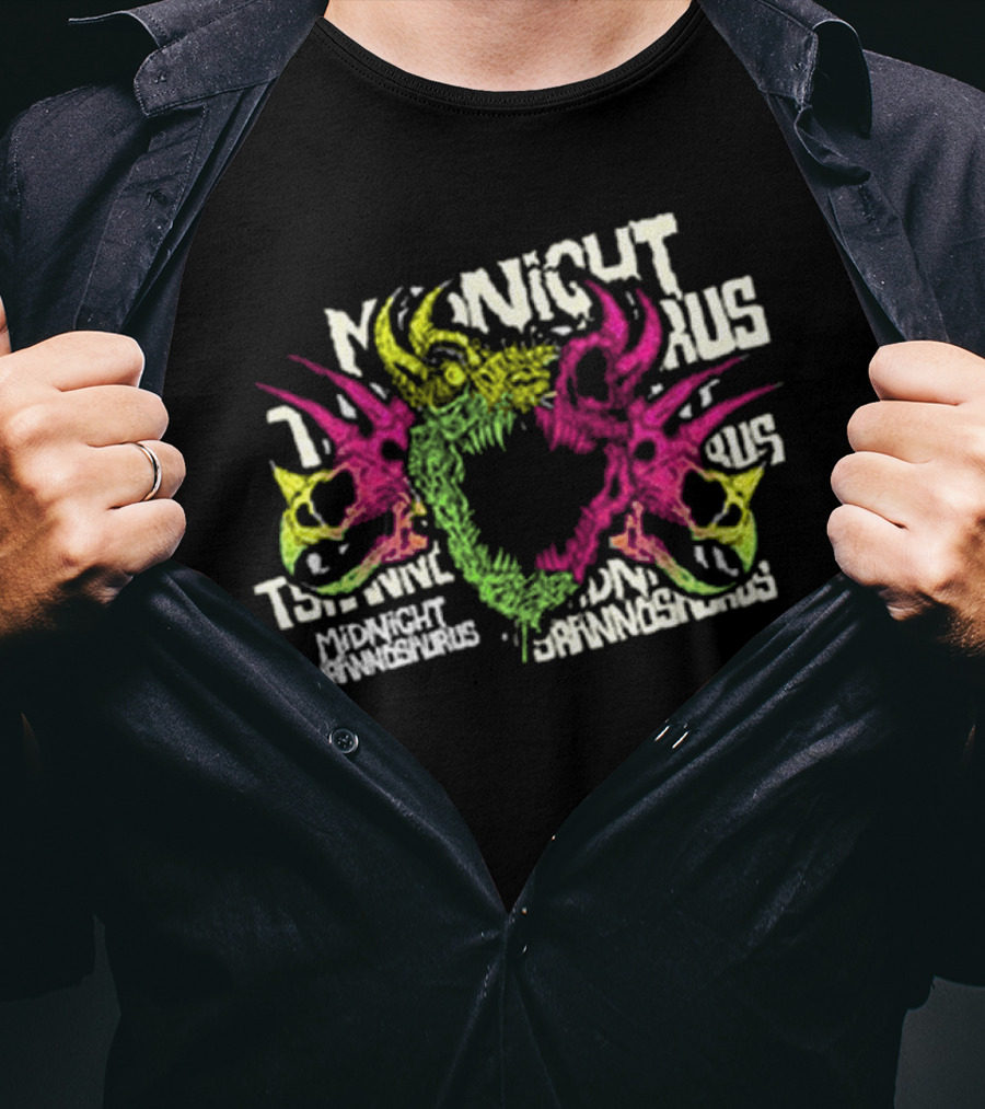 KT8 Midnight Tyrannosaurus Neon Pink Green Skull Illustration T-Shirt