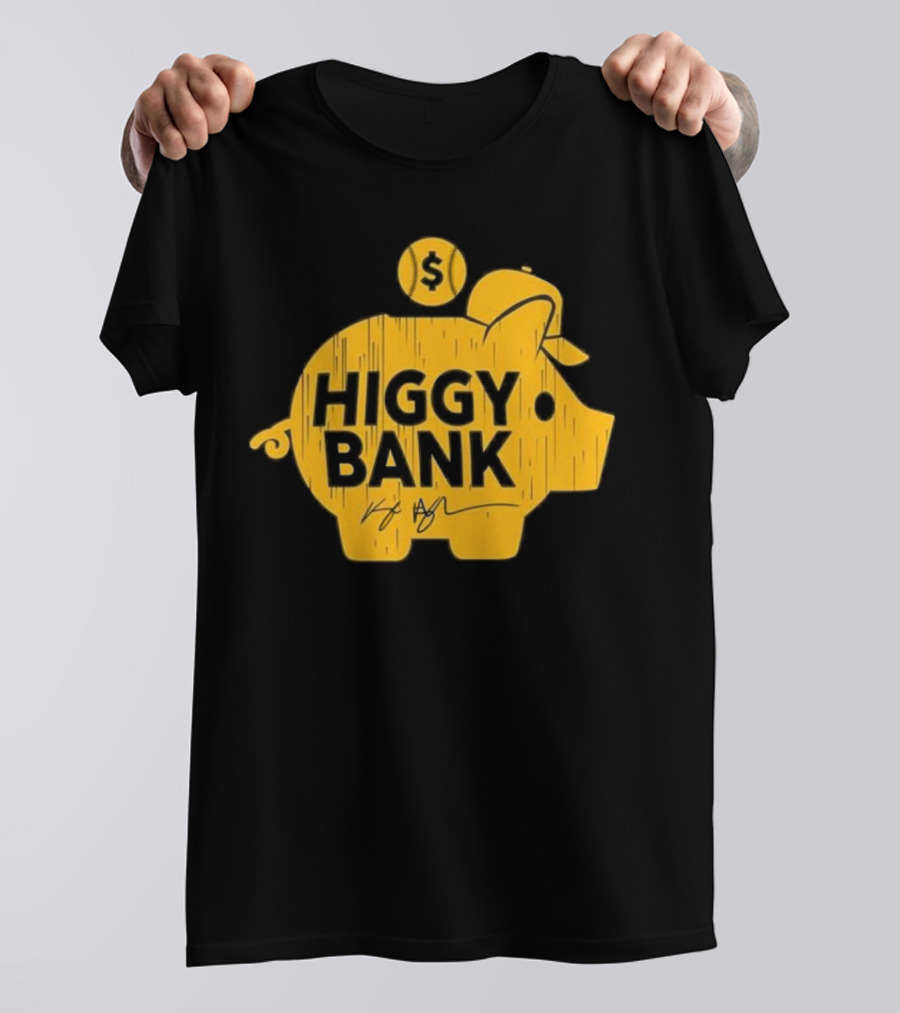 Higgy Bank Piggy Bank Graphic Baseball Theme With Signature And Dollar Sign T-Shirt