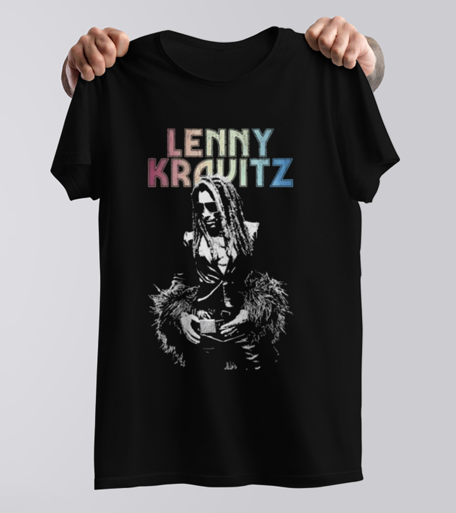 Lenny Kravitz Monochrome Portrait With Rainbow Letters T-Shirt