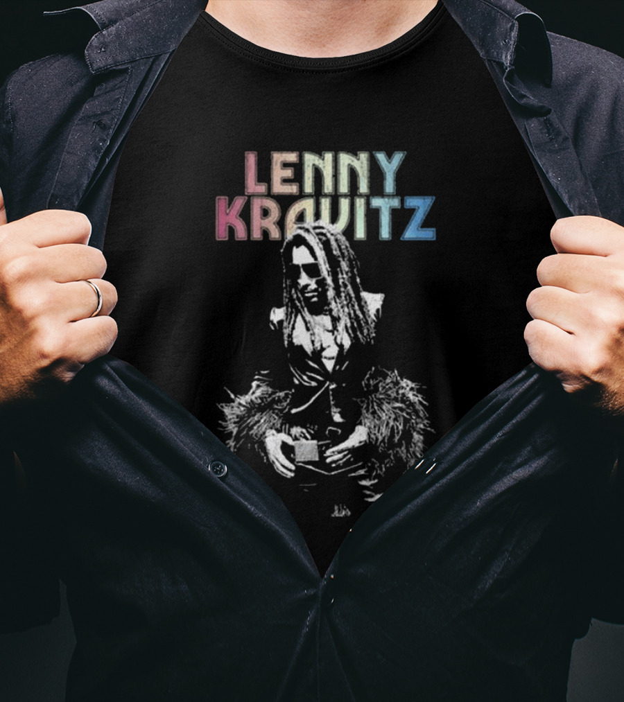 Lenny Kravitz Monochrome Portrait With Rainbow Letters T-Shirt