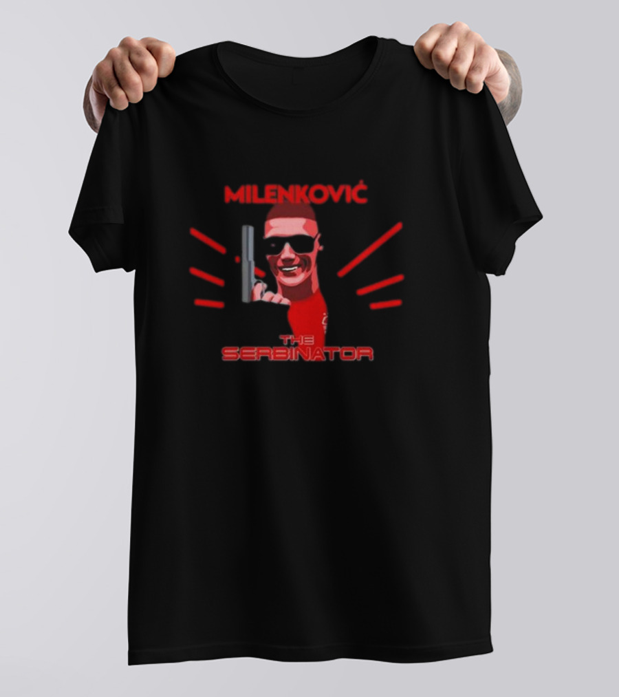 Milenkovic The Serbinator Sunglasses Gun Pose T-Shirt