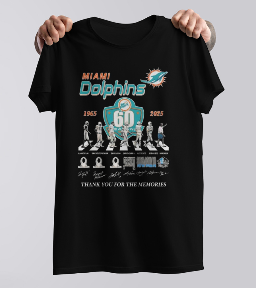 Miami Dolphins 60 Seasons 1965-2025 Thank You For The Memories Signatures T-Shirt
