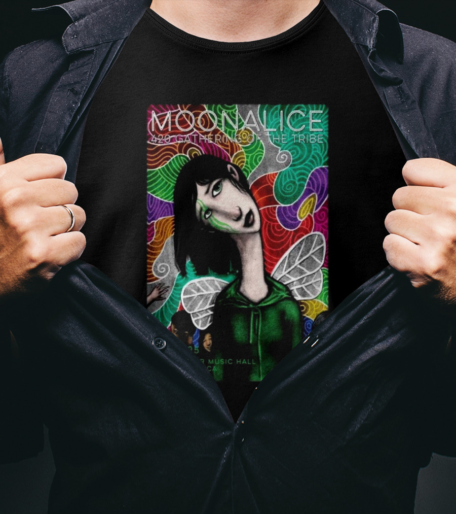 MOONALICE 420 Gathering Of The Tribe 04-20-2025 Sweetwater Music Hall Mill Valley CA Colorful Psychedelic Art With Winged Character T-Shirt