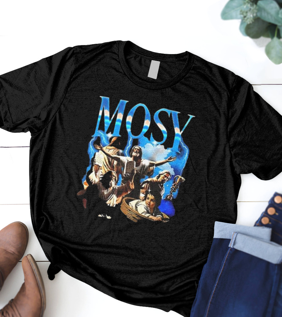 Mosy Moses Biblical Imagery With Lightning Clouds And Figures T-Shirt