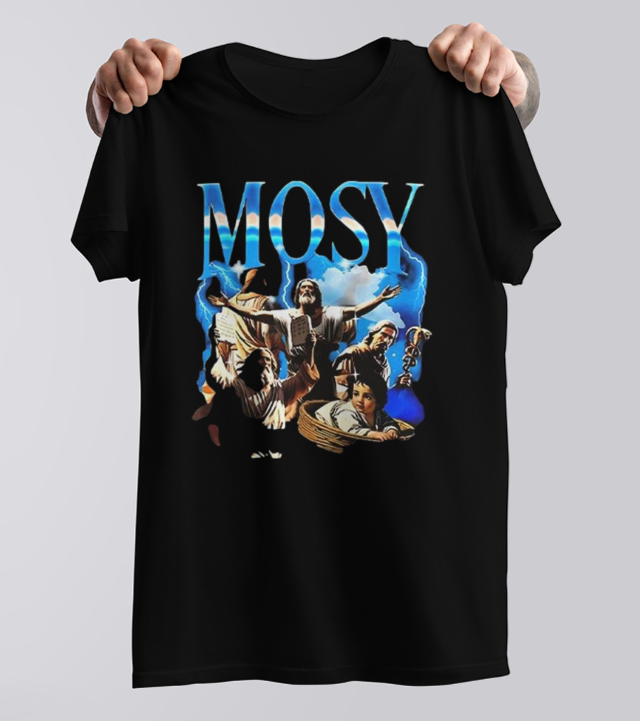 Mosy Moses Biblical Imagery With Lightning Clouds And Figures T-Shirt