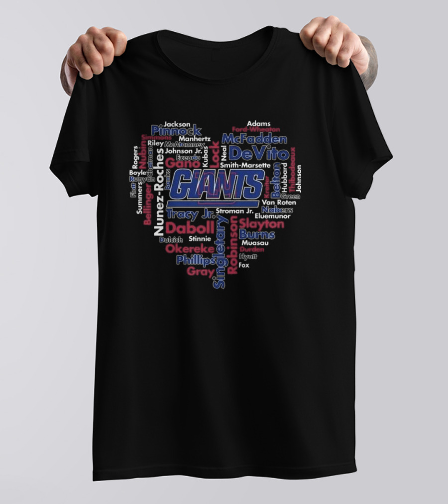 New York Giants Team Names Heart Word Cloud Fan Tribute T-Shirt