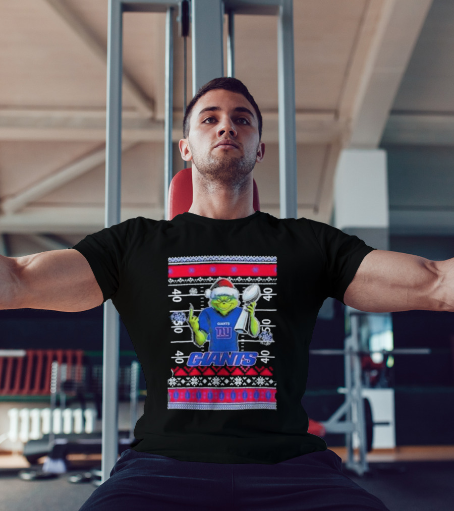New York Giants Grinch Christmas With Lombardi Trophy Ugly Sweater T-Shirt