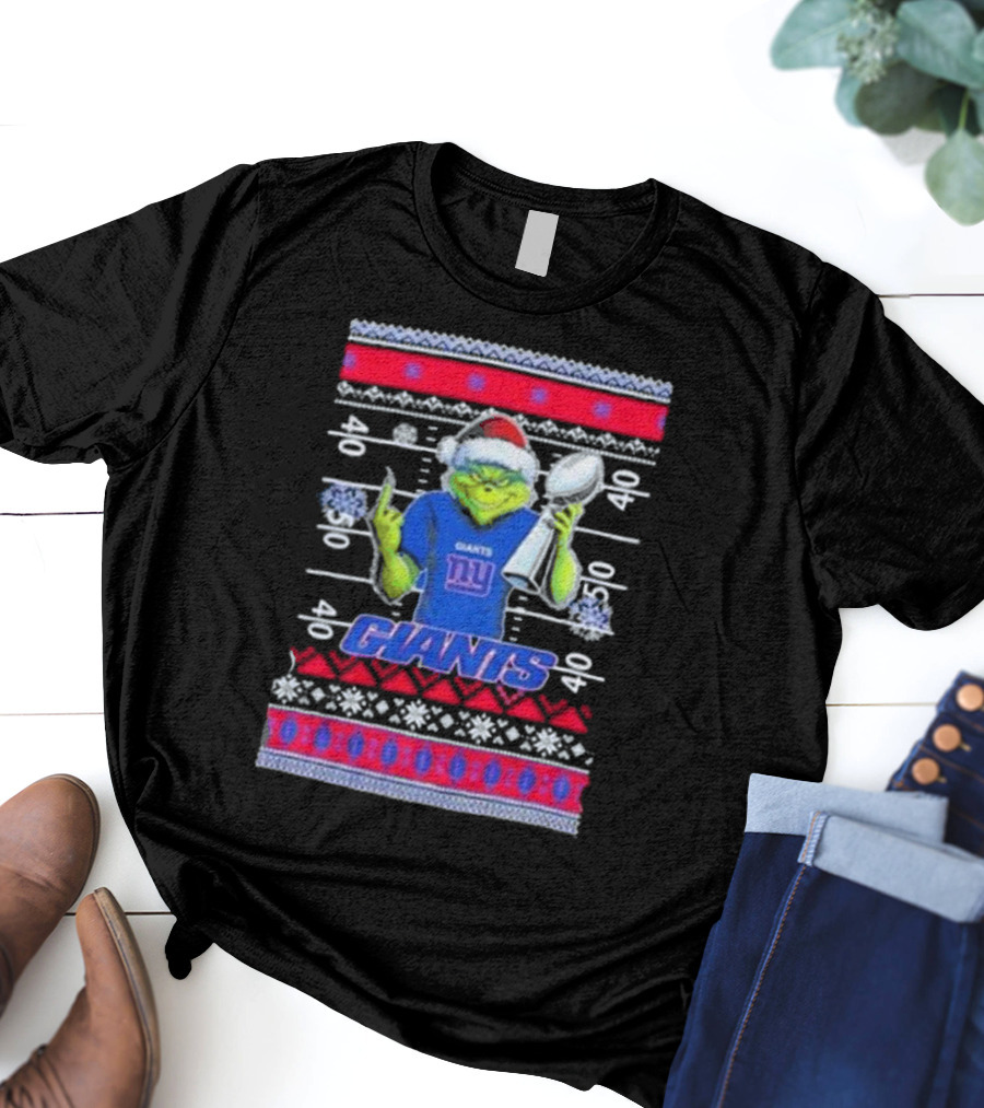 New York Giants Grinch Christmas With Lombardi Trophy Ugly Sweater T-Shirt