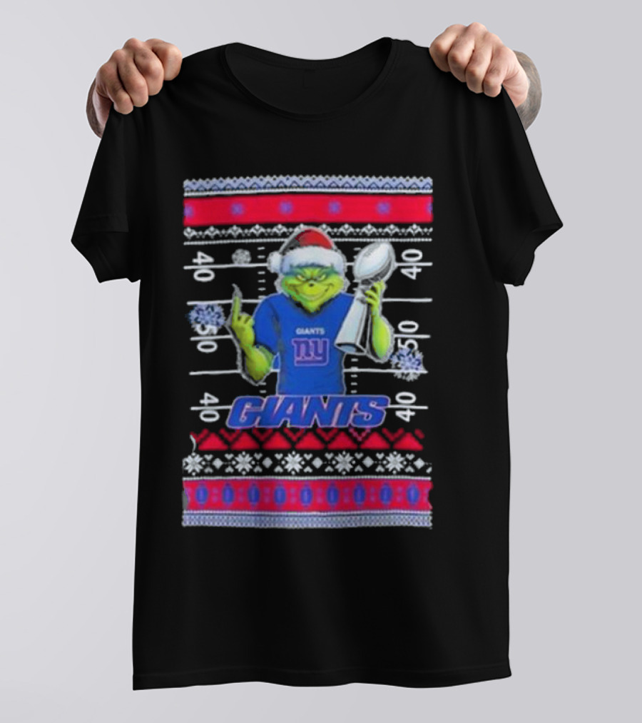 New York Giants Grinch Christmas With Lombardi Trophy Ugly Sweater T-Shirt