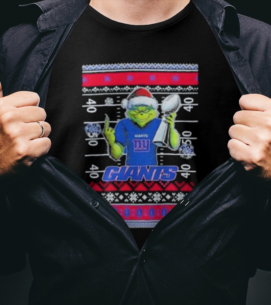 New York Giants Grinch Christmas With Lombardi Trophy Ugly Sweater T-Shirt