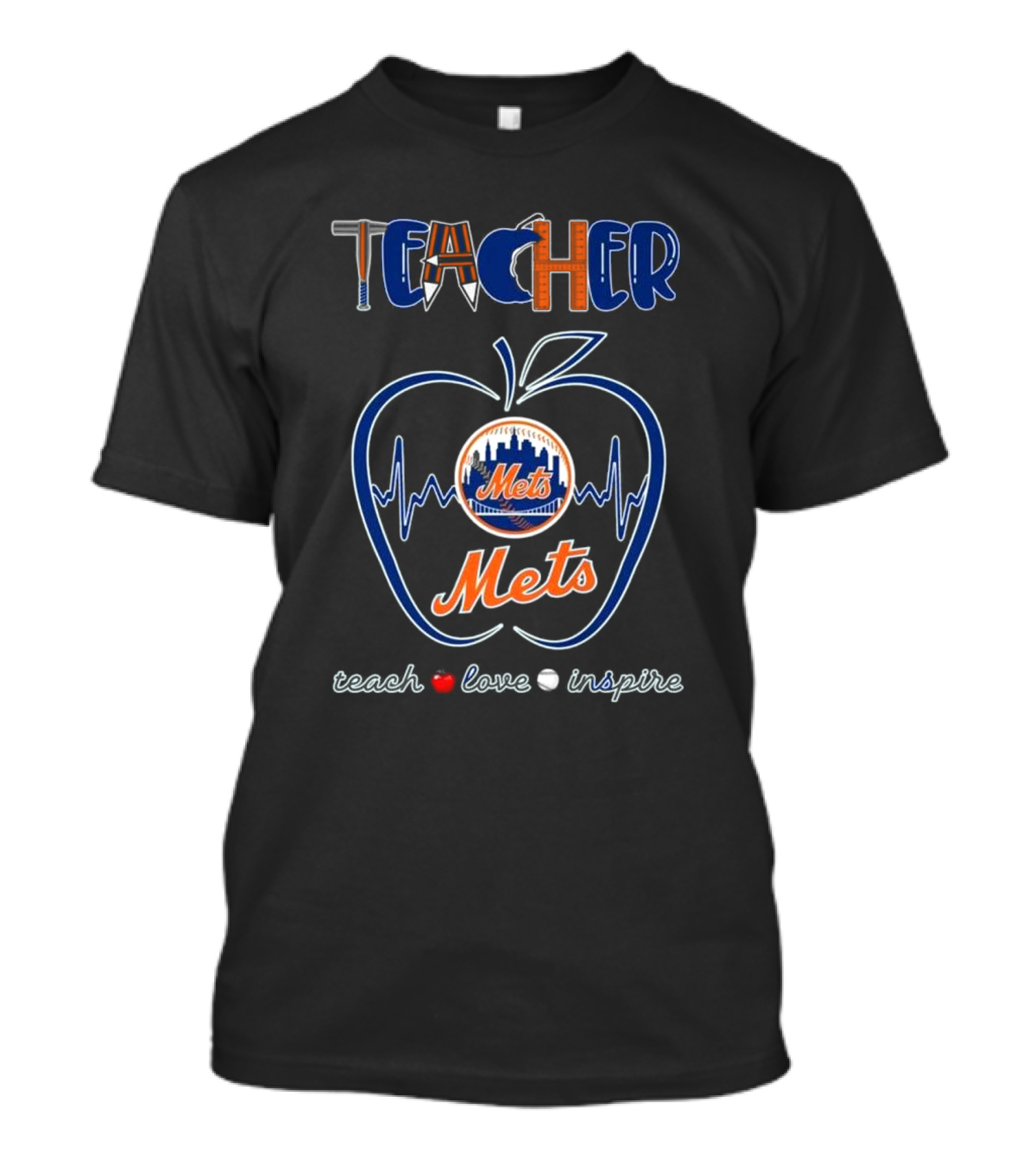 New York Mets Teacher Heartbeat Apple Teach Love Inspire 2025 T-Shirt