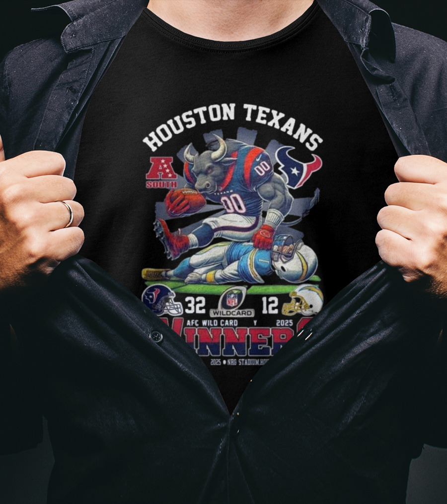 Houston Texans AFC South Wild Card Winners 2025 NFL Mascot 32-12 T-Shirt
