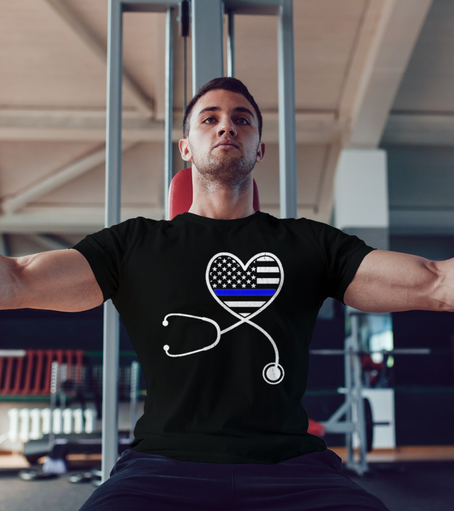 Nurse Life Police Wife American Flag Heart Stethoscope Blue Line T-Shirt