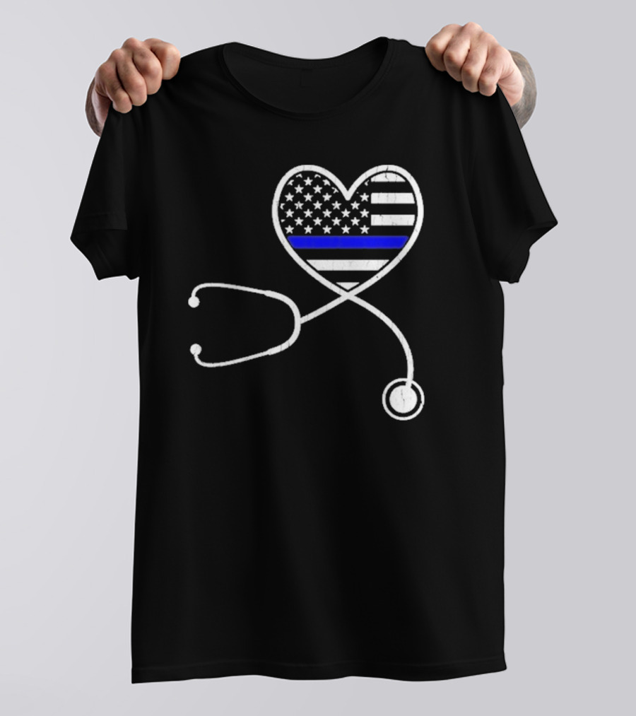 Nurse Life Police Wife American Flag Heart Stethoscope Blue Line T-Shirt